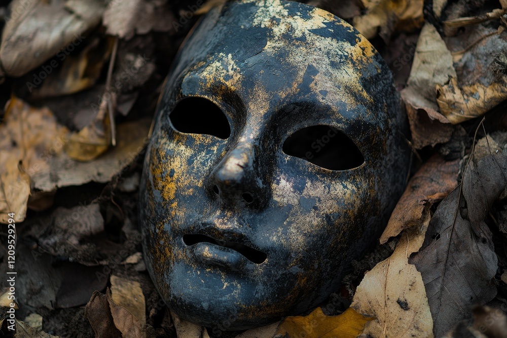 Black mask with gold flakes on autumn leaves. Black mask with gold flakes on autumn leaves.