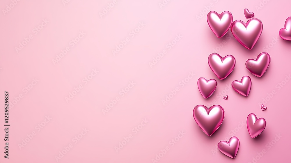 Pink metallic hearts scattered on a pink background