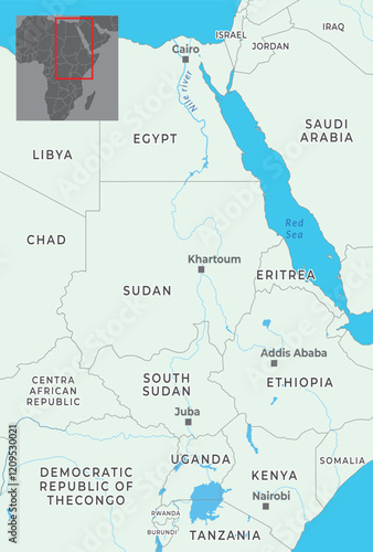 Northeast Africa Map Highlighting Countries Name And Borders and Nile River