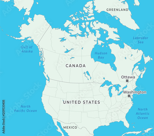 North America map highlighting countries, borders, major cities