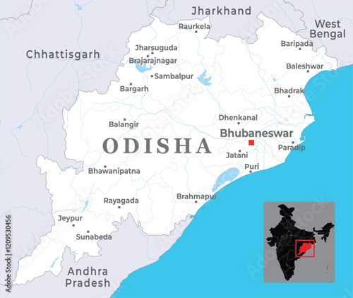 Odisha district map with capital Bhubaneswar, marked most important cities, state of India