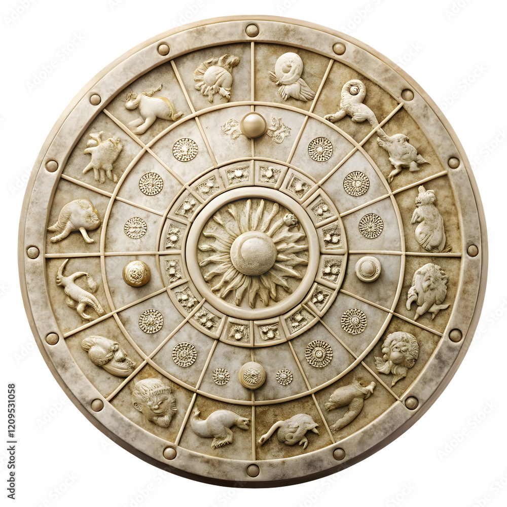 Fototapeta premium Circular Stone Calendar with Zodiac Engravings. Perfect for: Astrological themes, New Year celebrations, educational exhibits