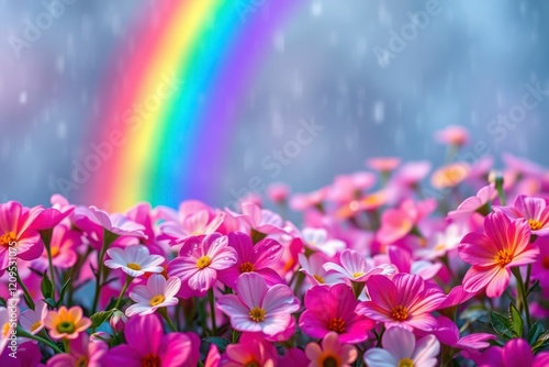 A vivid rainbow arching colorful flower garden in full bloom. photo