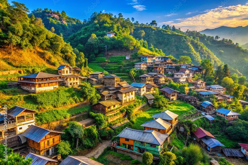 Fototapeta premium Aerial View of Naga Heritage Village, Kohima, Nagaland, India: Traditional Houses on Hillside