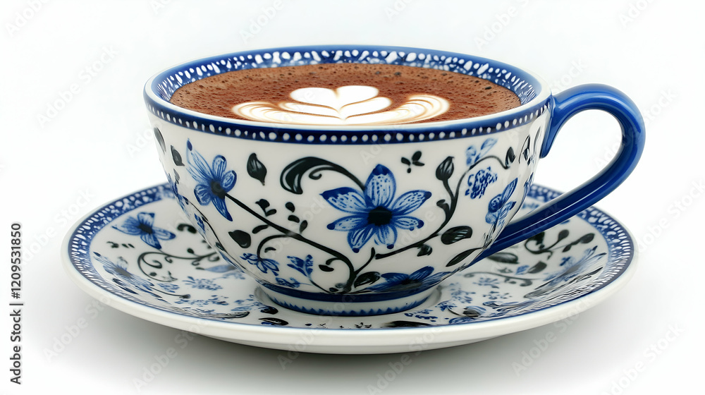 Hot Chocolate in Blue and White Floral Teacup and Saucer, cocoa, latte art, coffee, china, porcelain Hot Chocolate in Blue and White Floral Teacup and Saucer, cocoa, latte art, coffee, china, porcelain