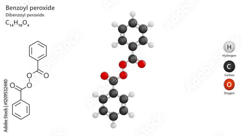 Molecule: Benzoyl Peroxide. Molecular structure. Formula: C14H18O4. Chemical model: Ball and stick. White background. 3D illustration. photo