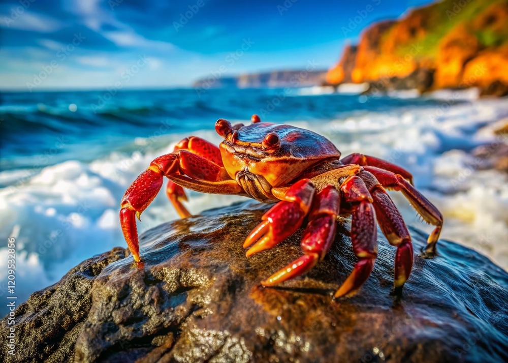 Miniature Red Rock Crab on Rocky Shore, Tilt-Shift Photography Miniature Red Rock Crab on Rocky Shore, Tilt-Shift Photography