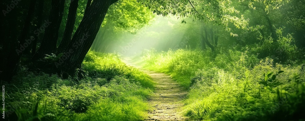 Obraz premium Scenic hiking trail through a lush green forest, nature escape.