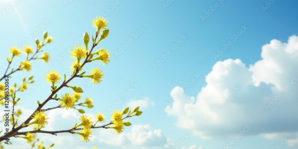 Bright Yellow Blossoms Against a Vivid Blue Sky with Fluffy White Clouds Bright Yellow Blossoms Against a Vivid Blue Sky with Fluffy White Clouds