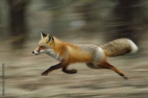 Red fox running fast in blurred motion background photo