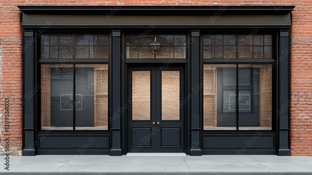 Elegant Black Storefront with Large Windows and Red Brick Wall Elegant Black Storefront with Large Windows and Red Brick Wall