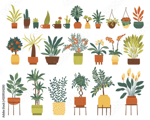 Set of indoor plants in different pots. Flowering and leafy plants in pots, on a stand and in a cachepot. Flat vector illustration.