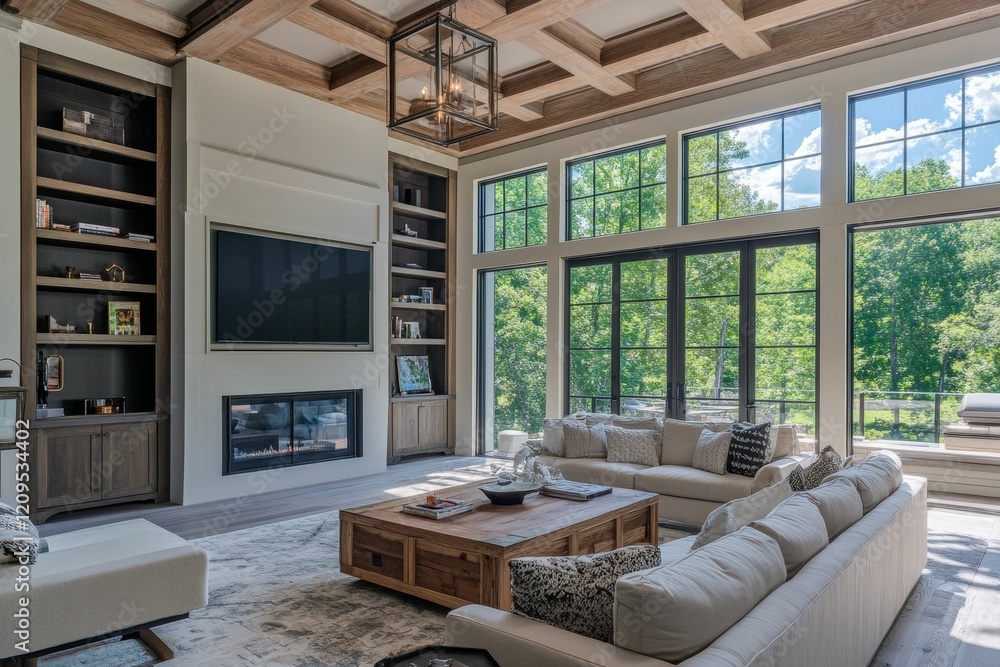 custom made wallpaper toronto digitalLiving room with wood beams and large windows.