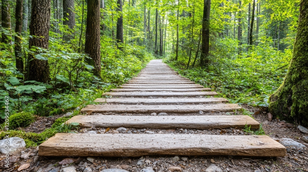 Forest path steps leading into woods. Hiking trail nature background. Website banner