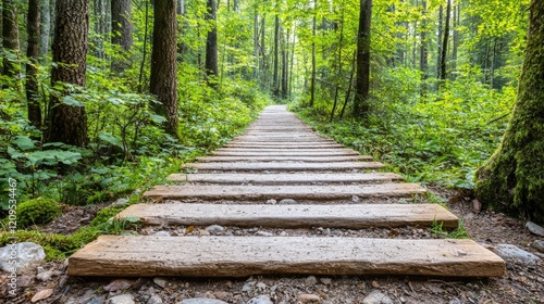 Forest path steps leading into woods. Hiking trail nature background. Website banner