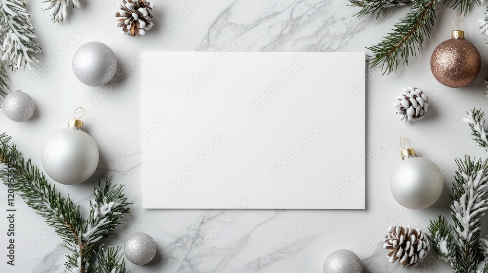 White Christmas card mockup, marble background, ornaments. Festive design for holiday greetings White Christmas card mockup, marble background, ornaments. Festive design for holiday greetings