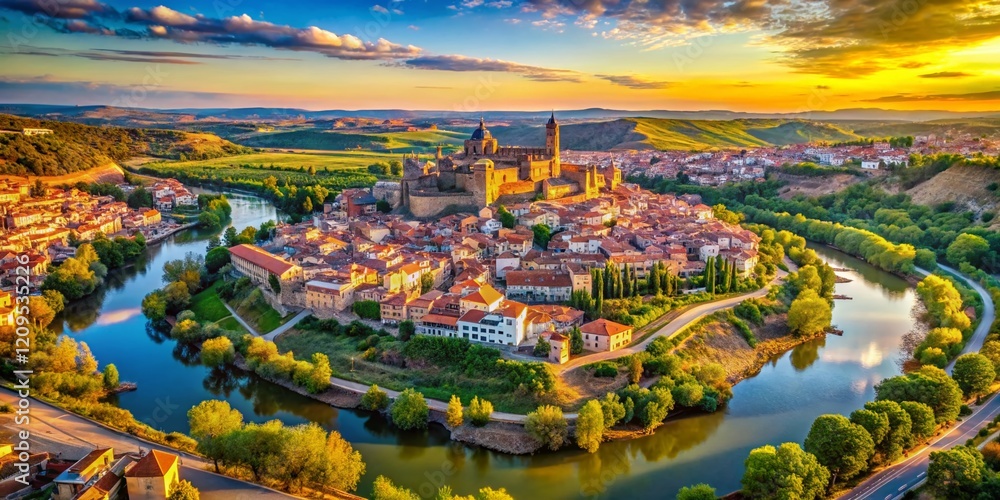 Obraz premium Aerial View of Talavera de la Reina, Spain: Historic Cityscape and River Tajo Drone Photography