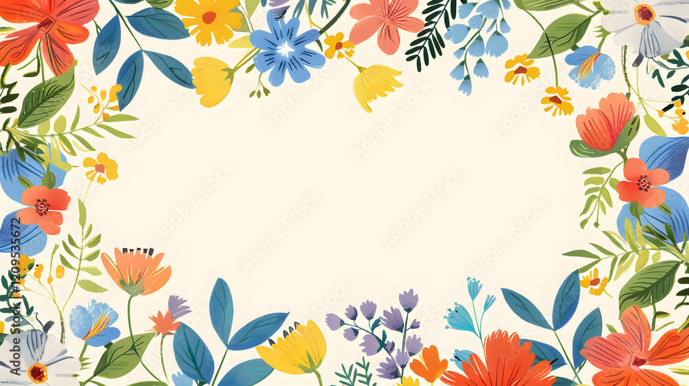 Obraz premium Floral Background Illustration Featuring Colorful Flowers with Blank Central Space.