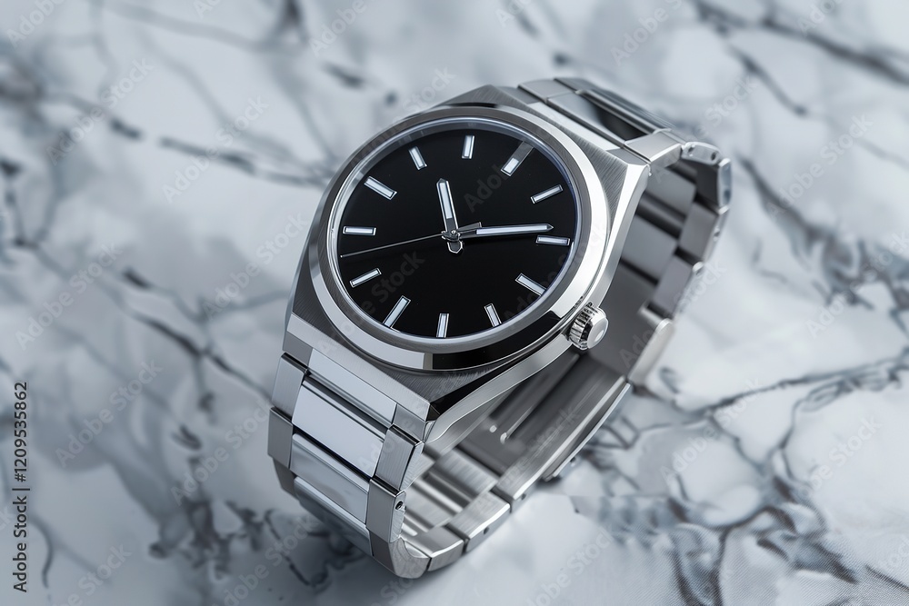 A stylish, high-end timepiece featuring a black dial and silver band against a dark marble backdrop, featuring product photographs for marketing, Generative AI. A stylish, high-end timepiece featuring a black dial and silver band against a dark marble backdrop, featuring product photographs for marketing, Generative AI.