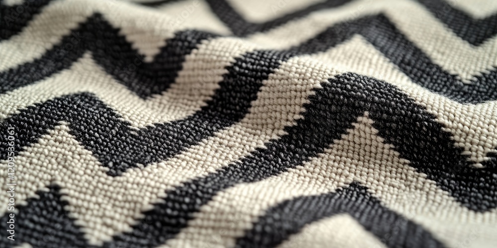 Zigzag pattern in black and cream on textured cotton fabric with smooth draping creates a dynamic visual effect in full frame composition Zigzag pattern in black and cream on textured cotton fabric with smooth draping creates a dynamic visual effect in full frame composition