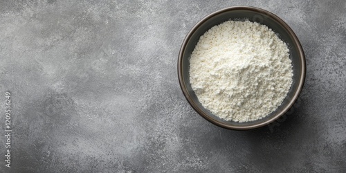 Collagen powder in a dark bowl on a textured gray background top view showcasing its health benefits for skin and joints with ample copy space photo