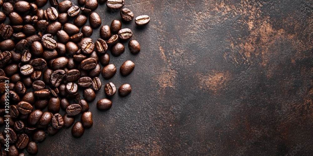 Moody background featuring dark brown Arabian coffee beans scattered on a textured surface with ample negative space on the right for copy. Moody background featuring dark brown Arabian coffee beans scattered on a textured surface with ample negative space on the right for copy.