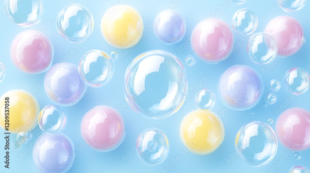 Pastel colored spheres and bubbles float on a blue background Pastel colored spheres and bubbles float on a blue background