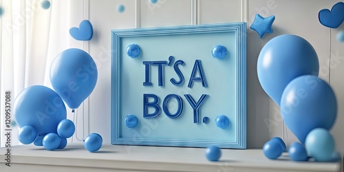 Blue sign frame with the text ITS A BOY surrounded by light blue, round balloons on a soft white backdrop ideal for newborn announcements and celebrations photo