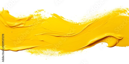 A horizontal brush stroke of yellow paint isolated on white background, bokeh background