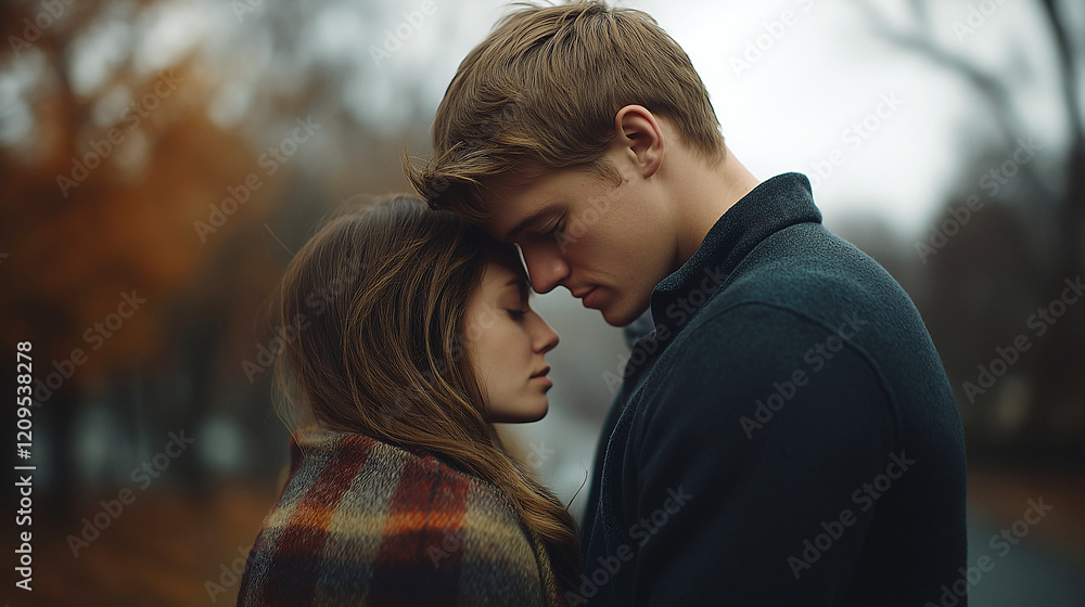 Cinematic Close-Up of Young Couple in Love, Standing Together on Park Sidewalk with Eyes Closed, Capturing Intimate Moment Cinematic Close-Up of Young Couple in Love, Standing Together on Park Sidewalk with Eyes Closed, Capturing Intimate Moment