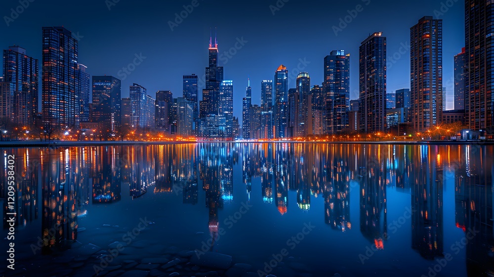 Obraz premium Chicago Skyline Night Reflection: A Stunning Urban Panorama