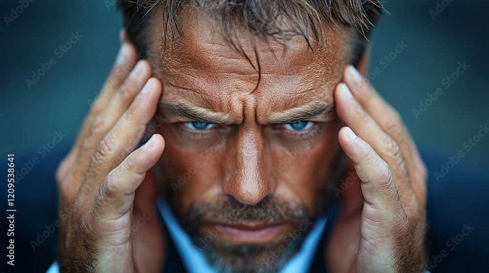 Emotional Close-Up Portrait of Athletic Business Man in Business Attire Holding His Head in Despair Against a Dark Gray Background Emotional Close-Up Portrait of Athletic Business Man in Business Attire Holding His Head in Despair Against a Dark Gray Background
