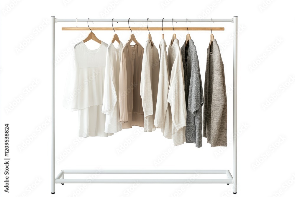 A white metal rack with hanging on wooden hangers, the colors of which include beige and gray. The background is white. There is no furniture in front of it. A white metal rack with hanging on wooden hangers, the colors of which include beige and gray. The background is white. There is no furniture in front of it.