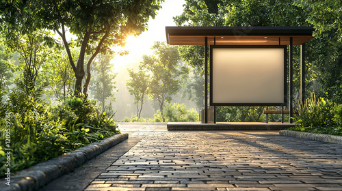 An empty lightbox mockup at a roadside bus stop, surrounded by modern urban architecture photo