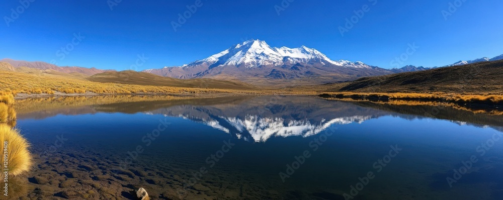 Scenic lake reflecting a snow-capped mountain under a clear blue sky. Scenic lake reflecting a snow-capped mountain under a clear blue sky.