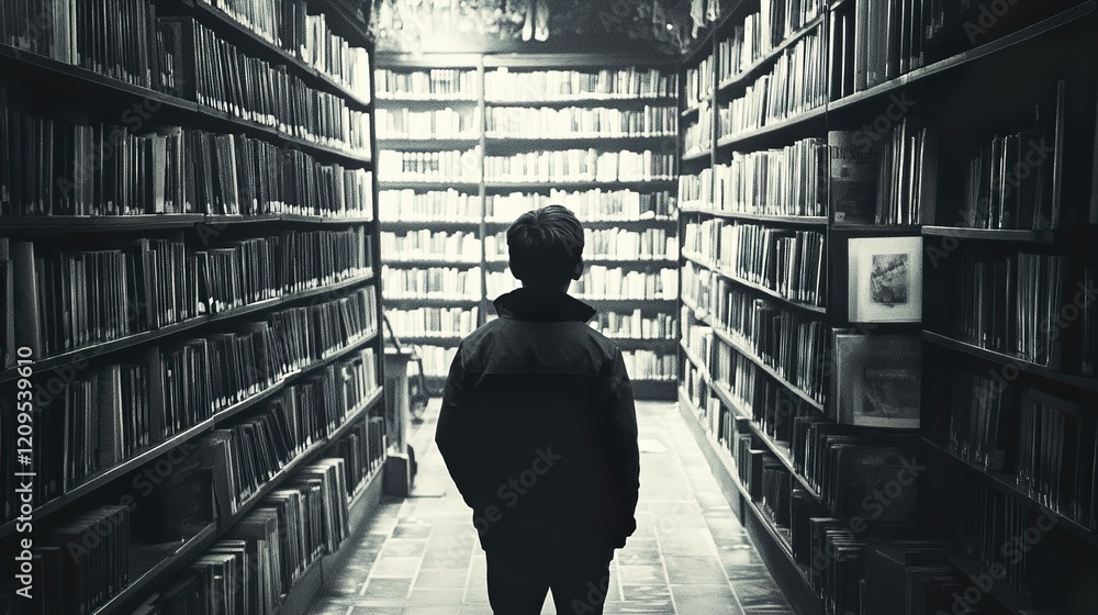 A Young Reader in a Vast Library: A Monochromatic Journey into the World of Books
