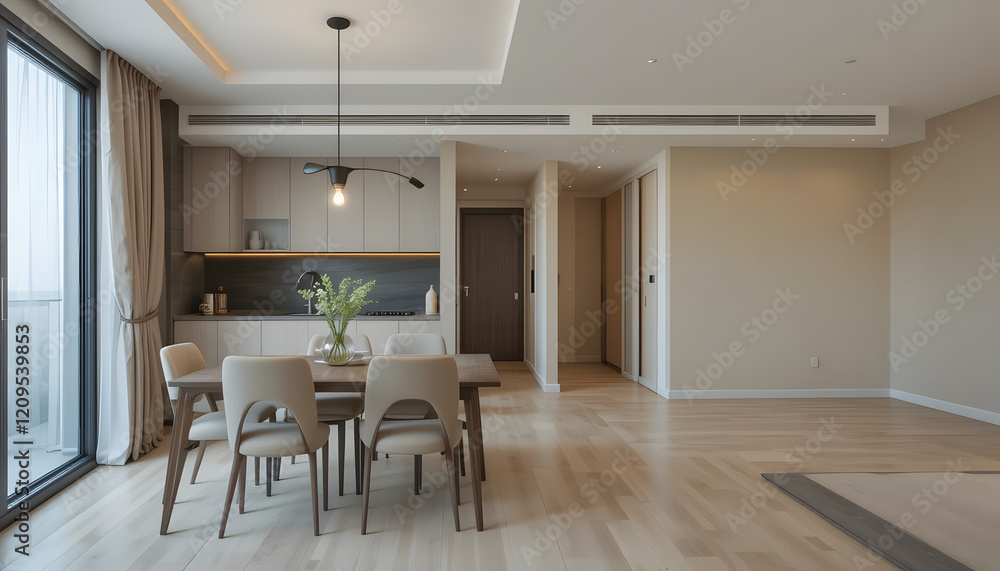 Fototapeta premium modern apartment with a dining room furnished with a table and chairs, as well as an empty living room with a beige wall