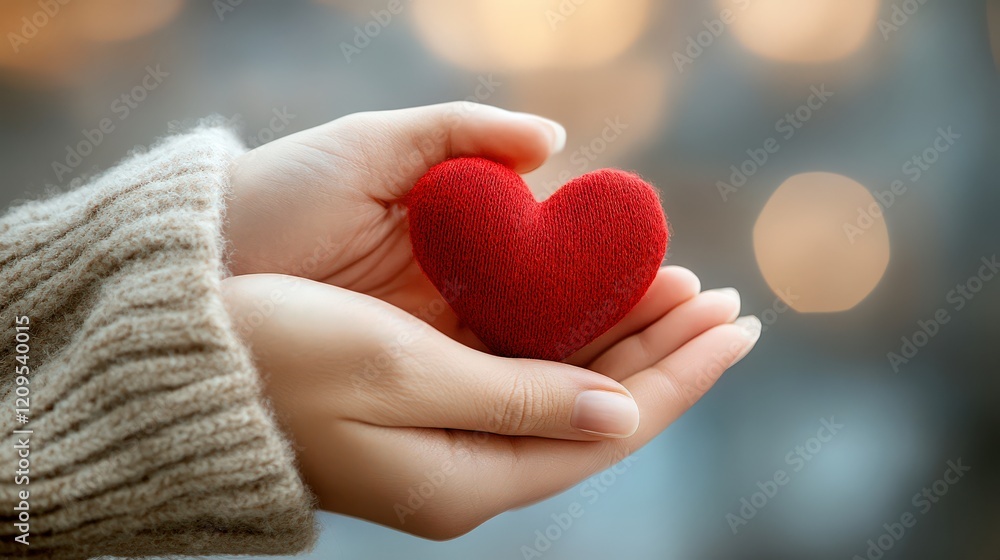 Hands Gently Cradling a Red Heart in a Warm, Rustic Setting Hands Gently Cradling a Red Heart in a Warm, Rustic Setting