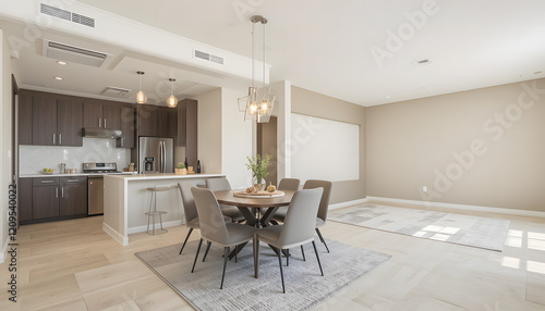 modern apartment with a dining room furnished with a table and chairs, as well as an empty living room with a beige wall photo