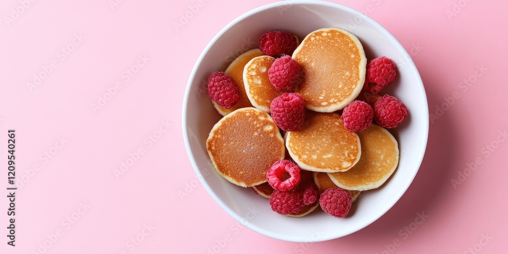 Birdseye view of small pancakes in a white bowl with fresh raspberries on a soft pink background highlighting warm golden and pink hues Birdseye view of small pancakes in a white bowl with fresh raspberries on a soft pink background highlighting warm golden and pink hues
