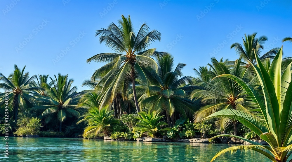 Fototapeta premium Tranquil Paradise Lagoon with Swaying Palm Trees Against Turquoise Waters