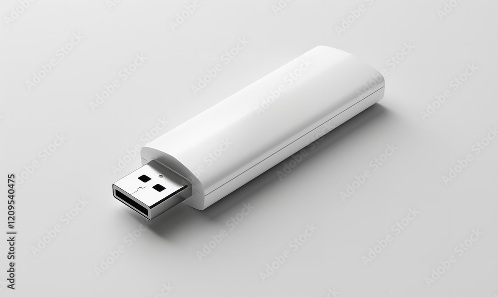 A white USB flash drive set apart against a white backdrop, Generative AI. A white USB flash drive set apart against a white backdrop, Generative AI.