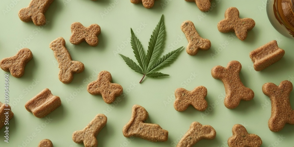 Dog treats shaped like bones infused with CBD arranged on light green background with cannabis leaf in center surrounded by treats Dog treats shaped like bones infused with CBD arranged on light green background with cannabis leaf in center surrounded by treats