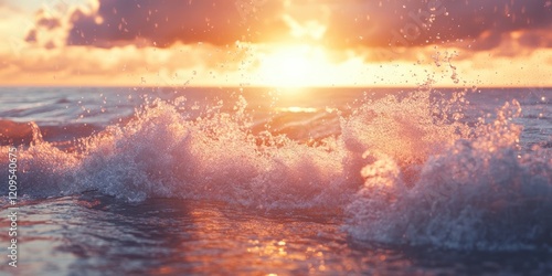 Fototapeta Naklejka Na Ścianę i Meble -  Panoramic sunset over Baltic Sea with soft sunlight illuminating crashing waves and splashes creating a textured water surface in warm hues