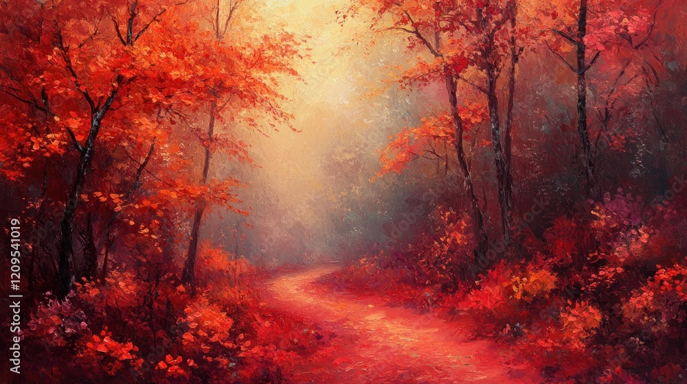 Winding path through a vibrant autumn forest bathed in warm golden light Winding path through a vibrant autumn forest bathed in warm golden light