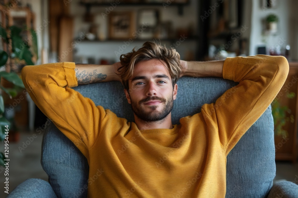 Obraz premium Young man relaxing on comfortable armchair at home