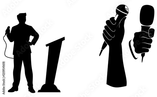 Set of monochrome microphones. Karaoke related design elements. Minimalist graphic set of retro microphones. Vintage vector illustration.clenched hands while holding a microphone, mic or microphone.