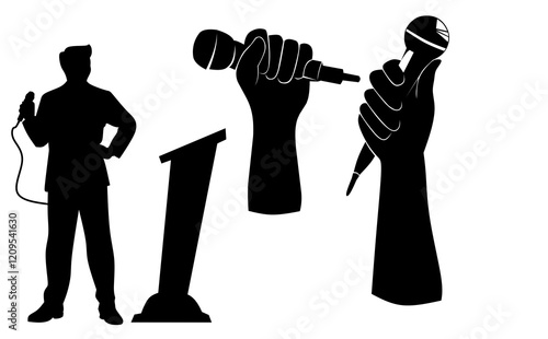 Set of monochrome microphones. Karaoke related design elements. Minimalist graphic set of retro microphones. Vintage vector illustration.clenched hands while holding a microphone, mic or microphone.