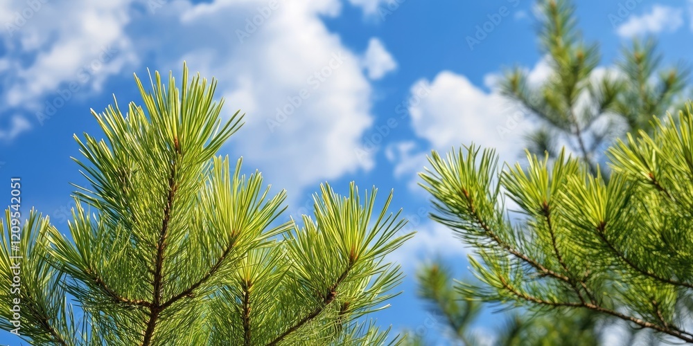 Fresh green shoots of Austrian pine set against a vibrant blue sky with fluffy white clouds, capturing nature's beauty in springtime. Fresh green shoots of Austrian pine set against a vibrant blue sky with fluffy white clouds, capturing nature's beauty in springtime.