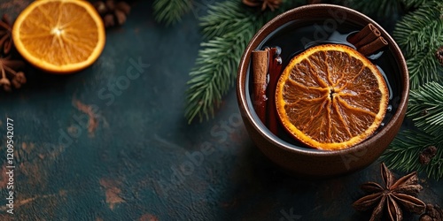 Warm holiday beverage in a dark bowl with orange peel and cinnamon sticks, surrounded by pine branches and star anise on a textured green surface. photo